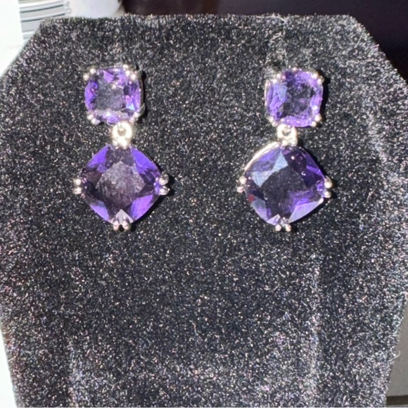 4 Ct Cushion Cut Simulated Amethyst Drop Dangle 14K White Gold Plated Earrings - Picture 4 of 11
